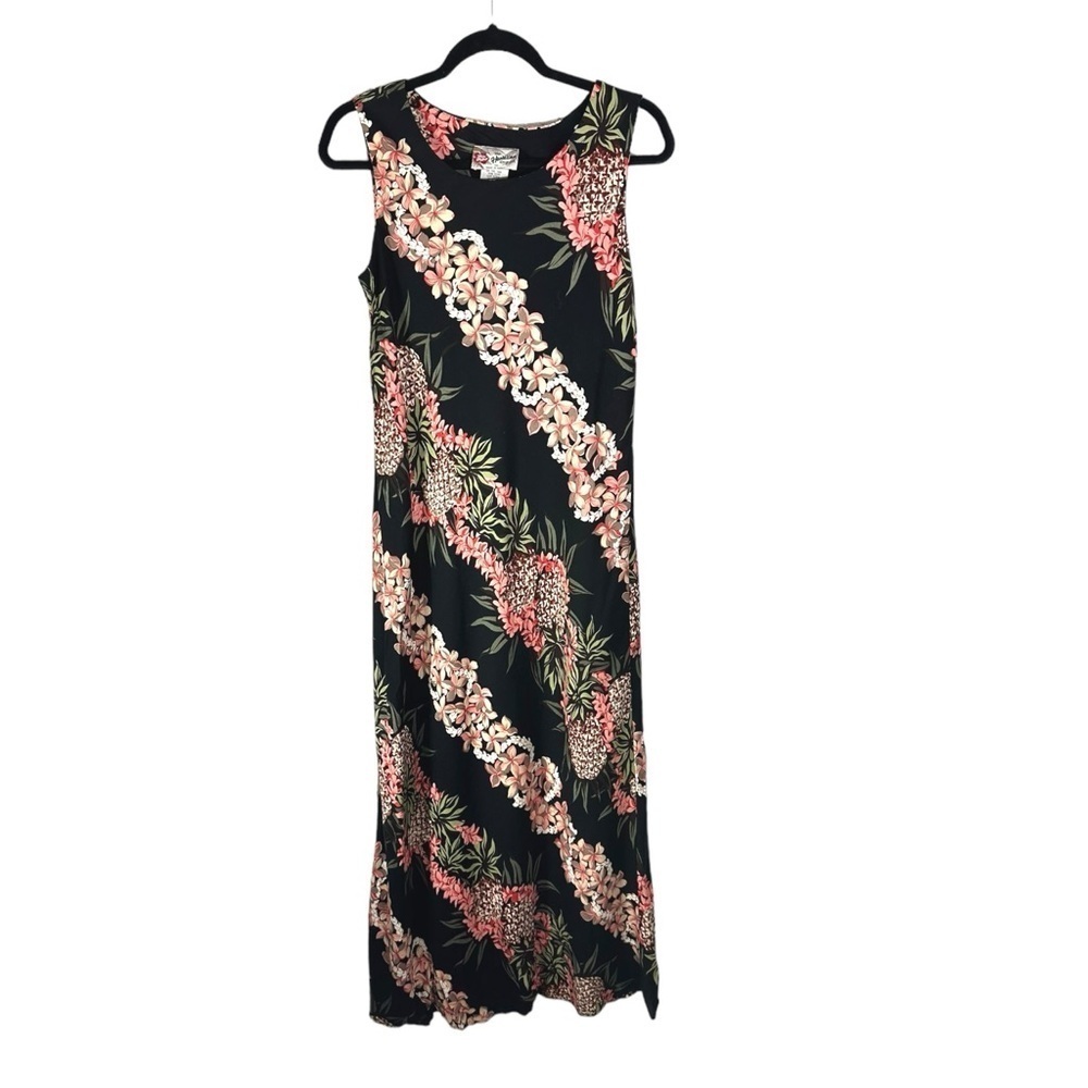 Hilo Hattie Vintage Maxi Tank Dress Black Rayon PIneapple Plumeria Size 10 NWT